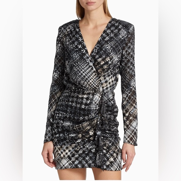 Ramy Brook Myla Mini Dress Black Houndstooth Burnout Multi Ruched Faux Wrap NWT - Picture 1 of 16